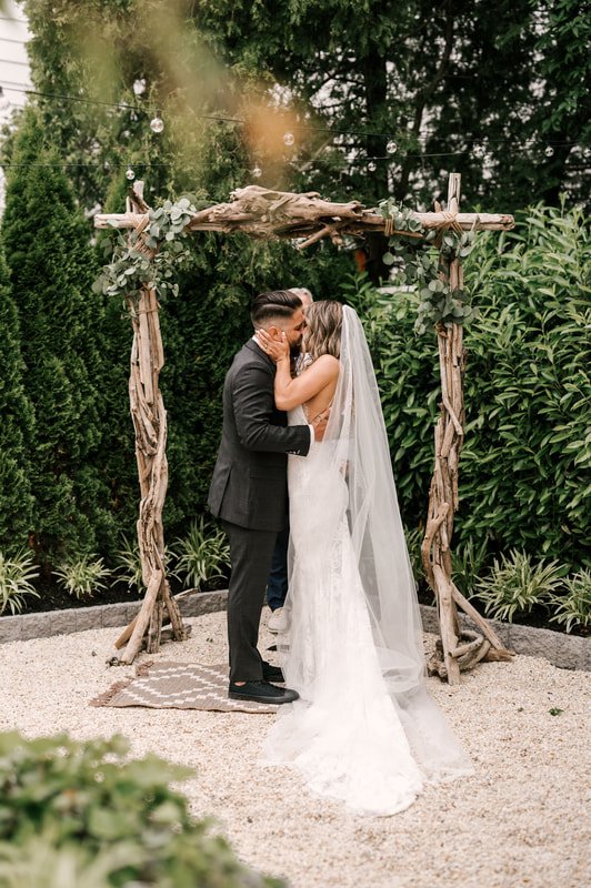Micro wedding reception under soft evening light in The James Bradley’s garden